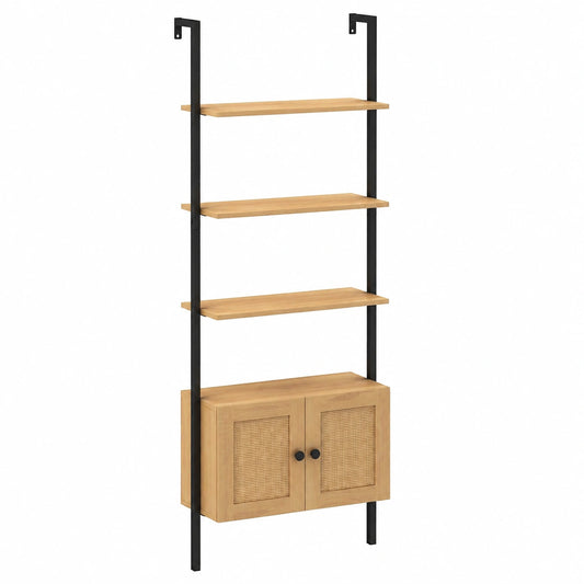 Meuble d’appoint, avec rangement, avec étagères, en métal et résine tressée, coloris naturel, pour le salon ou la chambre